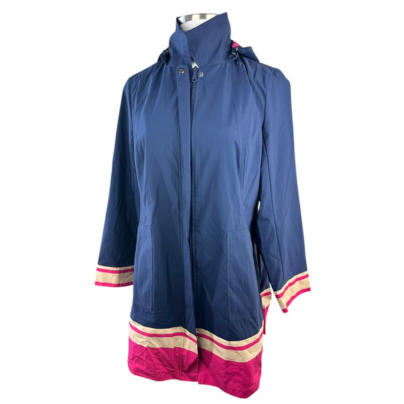 Chico's Hooded Rain Jacket Pleated Back Striped Hem Full Zip Navy Sz 2 US 12/14 - Picture 14 of 15